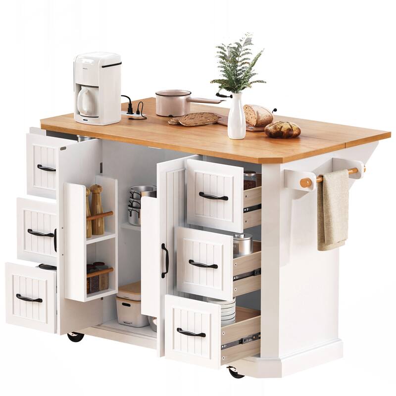 Kitchen Island with Rubber Wood Veneer Drop Leaf, Power Outlet, 4 Door Shelves