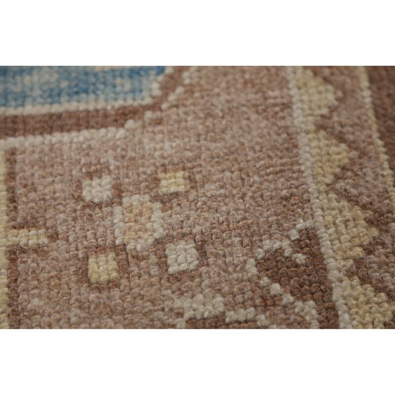 Hand Knotted Oriental 100% Wool Carpet Transitional Geometric Brown Oushak Runner Rug - 13' 6'' X 3' 0''
