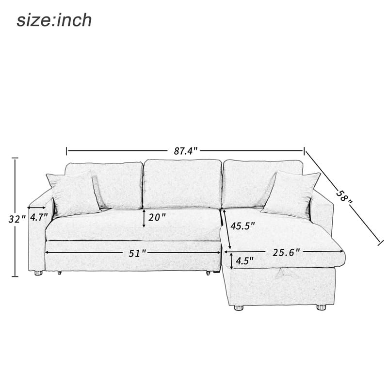 87.44" Upholstery Sectional Sofa Sleeper with Storage Space, 2 in 1 Pull-Out Sofa Bed