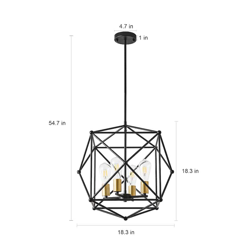 4-Light Geometric Black Metal Cage Chandelier with Gold - Accent Bulb Bases - Matte Black