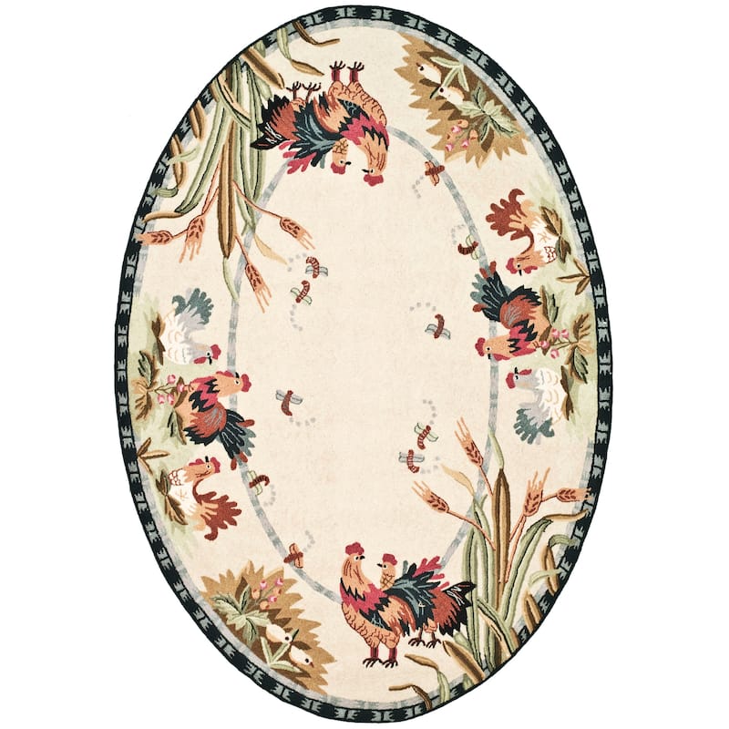 SAFAVIEH Handmade Chelsea Yauheniya French Country Rooster Wool Rug - 4'6" x 6'6" Oval - Ivory