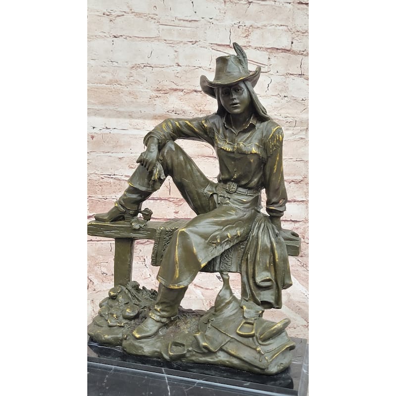 Bronze Cowgirl Sculpture – Western Lady On Fence Statue