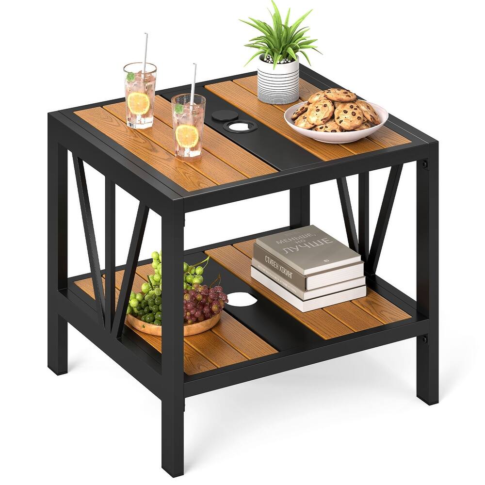 Gymax Outdoor Side Table 2-Tier Coffee End Table w/ 1.57'' Umbrella