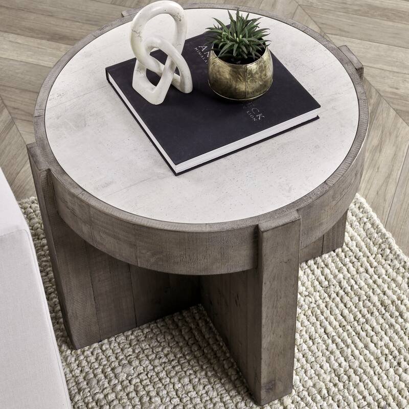 Classic Home Sonoma 26" Round Reclaimed Pine End Table in Distressed Gray