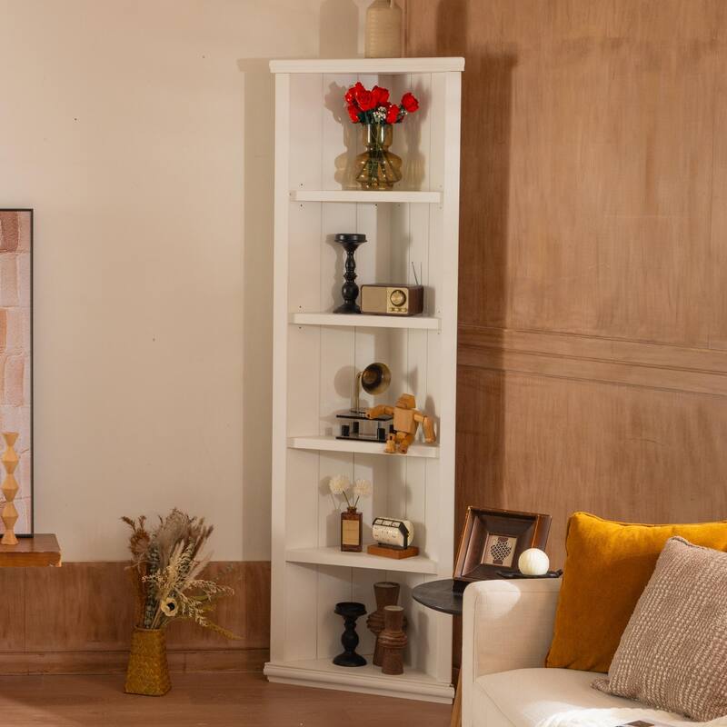5-Tier Wood Corner Bookshelves, 75.25-Inch Open Corner Bookcase with Rack, Freestanding Display Storage Shelf Organizer