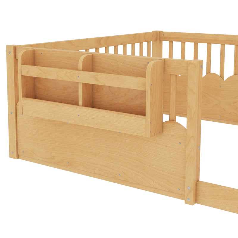 Montessori Floor Bed Kids Bed Frame with Heightened Fence and Bookshelf, Wavy Decoration Wood Platform Bed, No Slats Design