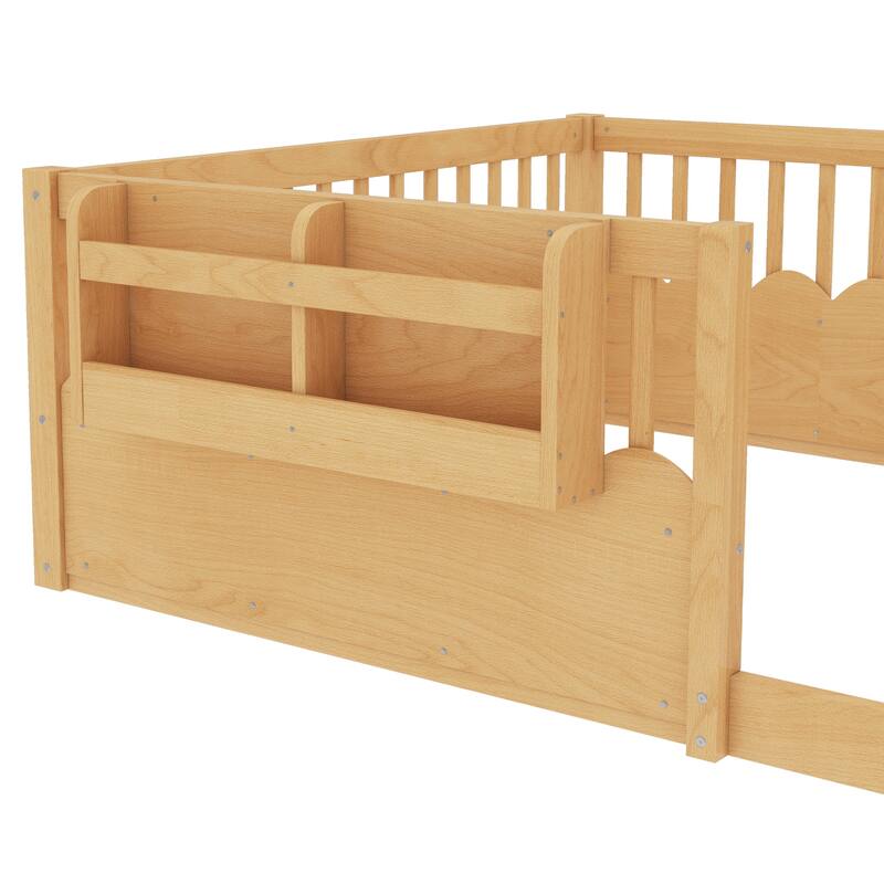 Queen/Full/Twin Floor Bed with Fence and Bookshelf, Wood Kids Floor Bed