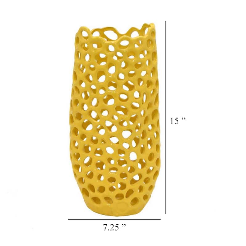 Kifa Flower Vase, Modern Cutout Textured Look, 15 Inch Yellow Ceramic