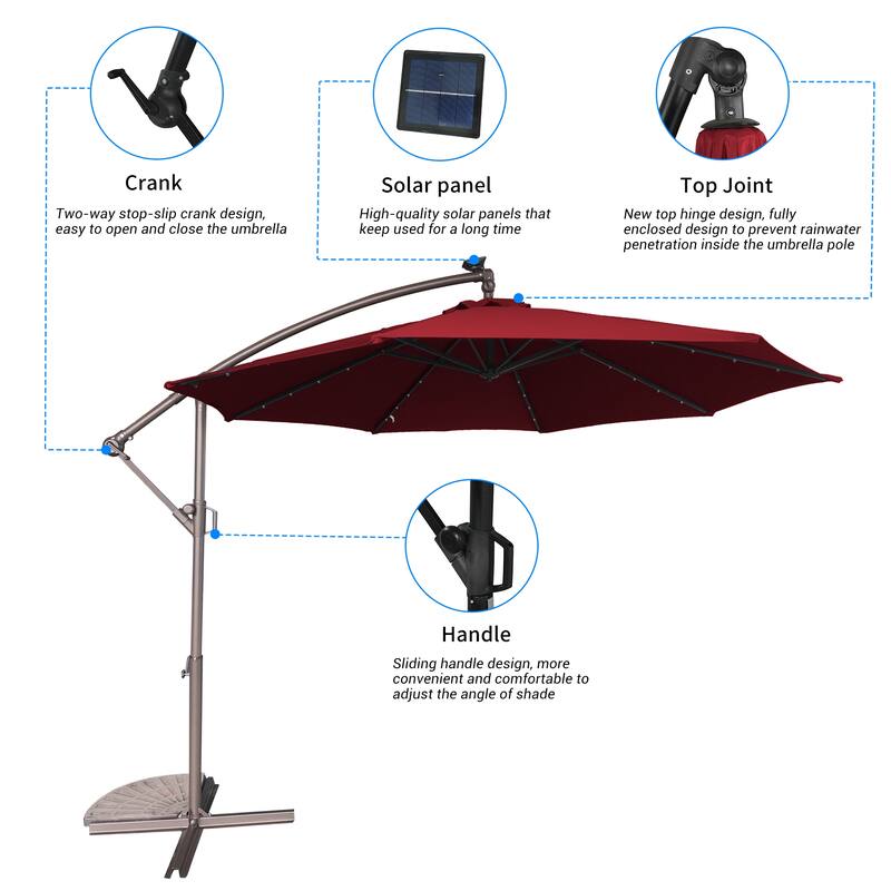 Clihome 10Ft Solar Light Crank Offset Cantilever Patio Umbrella, Without Base