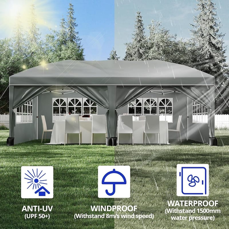 10X20 Ft Instant Waterproof Portable Pop-Up Canopy Tent with 4 Sidewalls for Outdoor Camping, Beach, Backyard