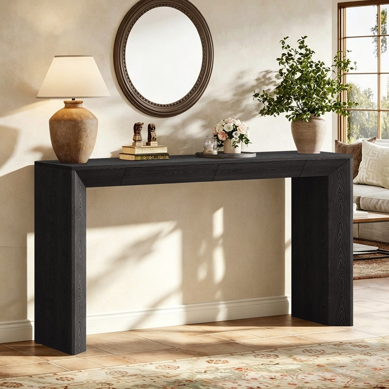 60" Farmhouse Console Table with 2 Concealed Drawers and Durable Waterfall Design