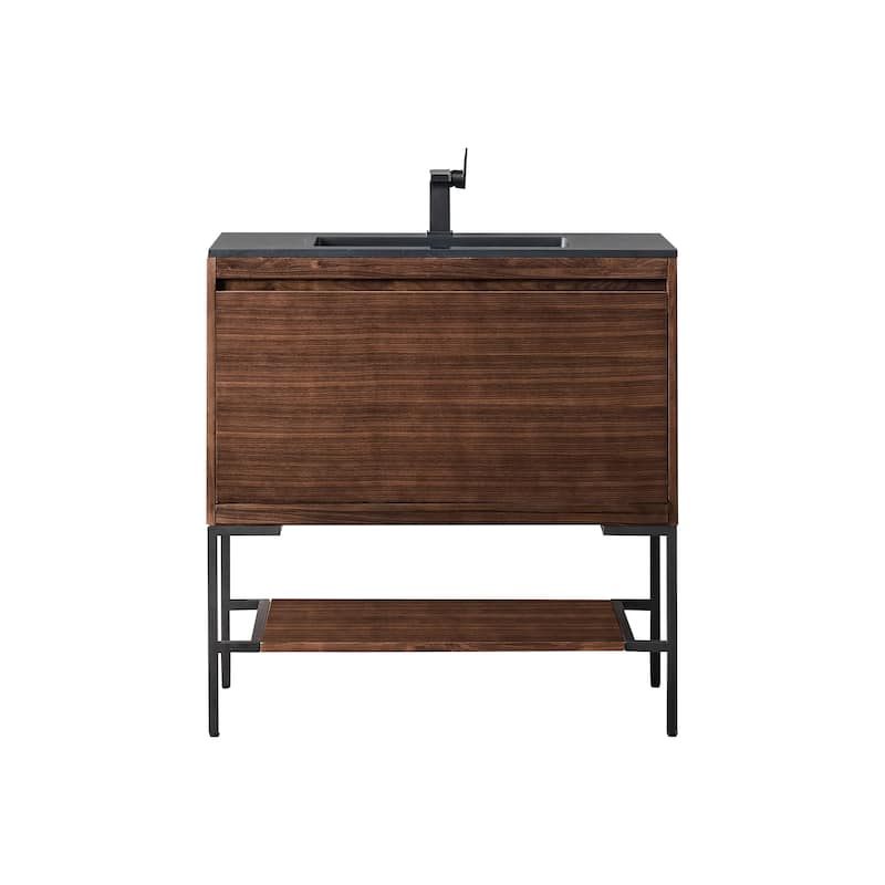James Martin Vanities Mantova 35.4" Single Vanity Cabinet, Mid-Century Walnut - Matte Black Base, Charcoal Black Top
