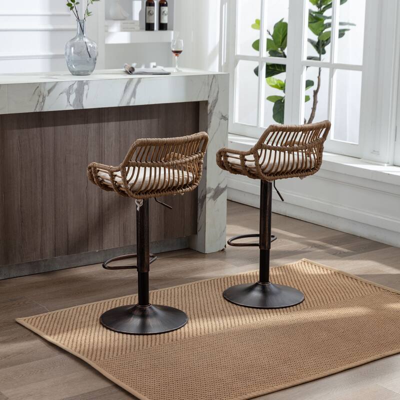 360° Swivel Bar Stools Set of 2, Adjustable Counter Height Chairs with Footrest, Rattan Bar Chairs with Cushions