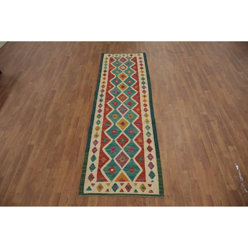 Hand Woven Oriental 100% Wool Carpet Southwestern Modern Green Kilim Runner Rug - 8' 10'' X 2' 7''