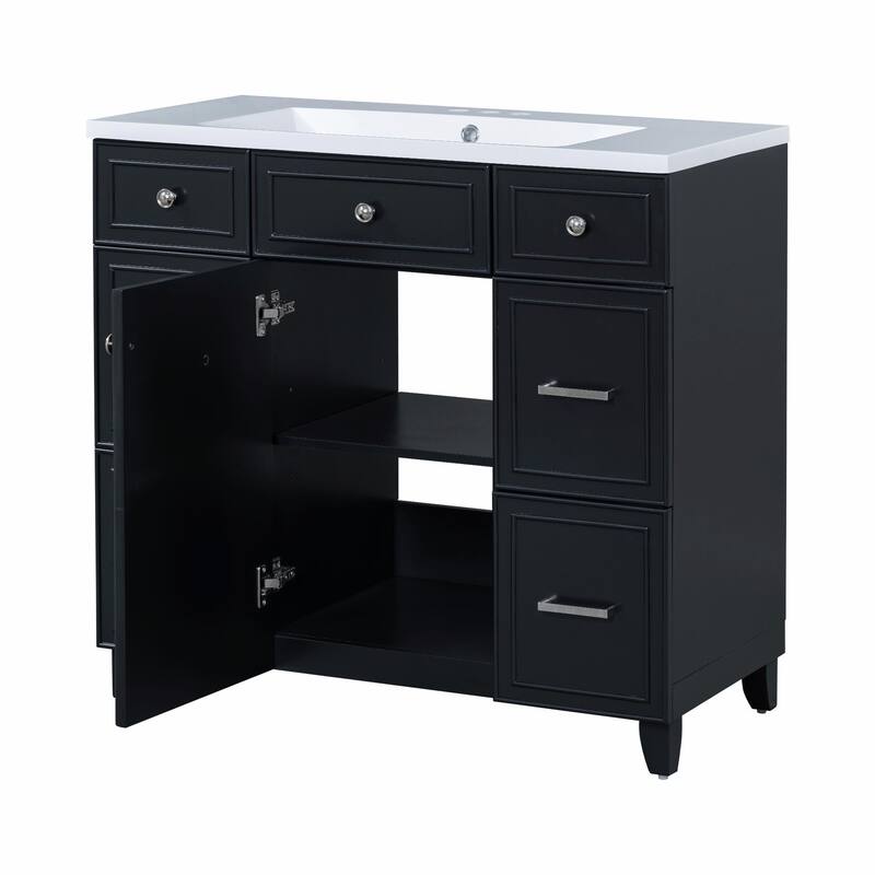 36" Bathroom Vanity with Ceramic Sink, Blue, Solid Wood Frame, Soft-Close Doors, Adjustable Shelves