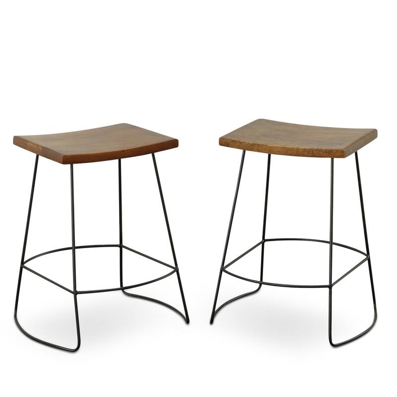 HomeRoots Set of Two 25" Chestnut And Black Steel Backless Counter Height Bar Chairs