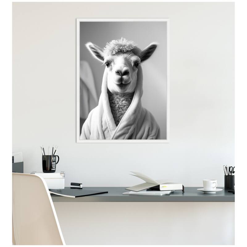 Kate and Laurel Sylvie Llama Bathroom Art Towel Robe Black and White Framed Canvas by The Creative Bunch Studio