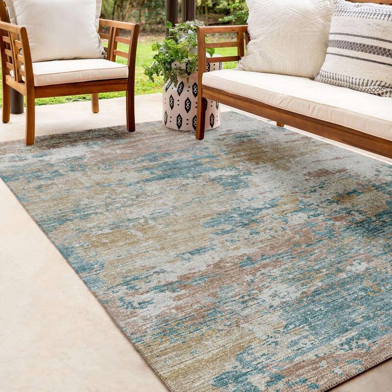 Indoor/ Outdoor Accord Modern Brushstrokes Polyester Washable Rug New - 10' x 14' - Teal Copper Beige