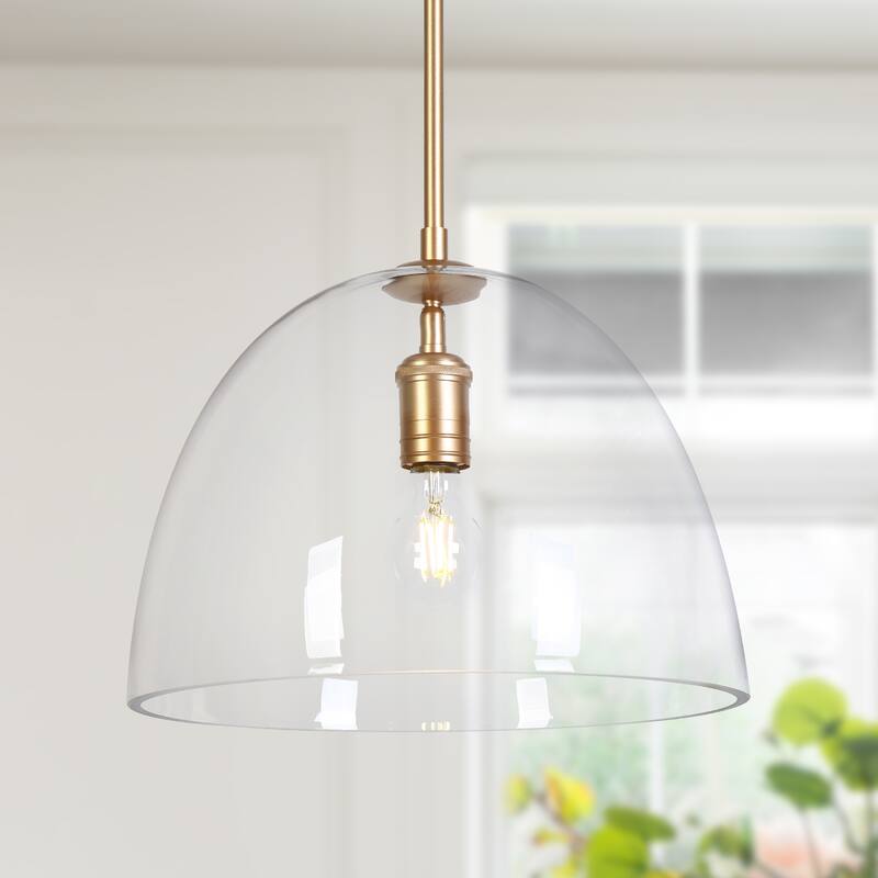 Modern Gold 1-Light Bell Pendant Light for Kitchen Island with Clear Glass Shade - 13.7" W x 10.6" H