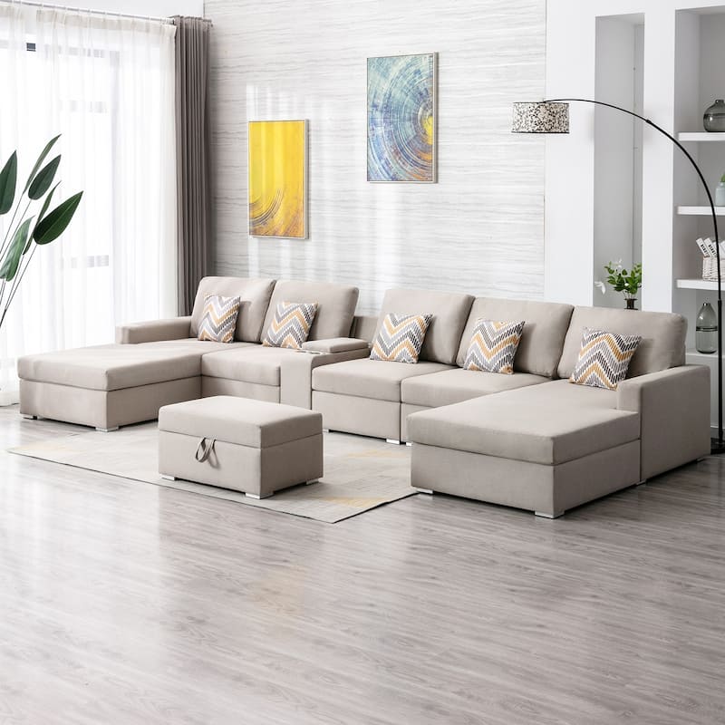 Linen Fabric 7 Piece U-Shaped Double Chaise Sectional Sofa with Interchangeable Legs and Storage Console Table