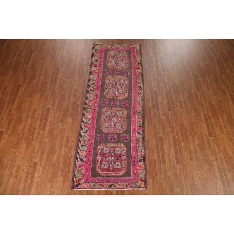 Ardebil Persian Vintage Runner Rug Handmade Geometric Wool Carpet - 3'8" x 10'6"