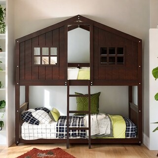 Twin Over Twin House Bunk Bed With Ladder and Guardrail, Espresso