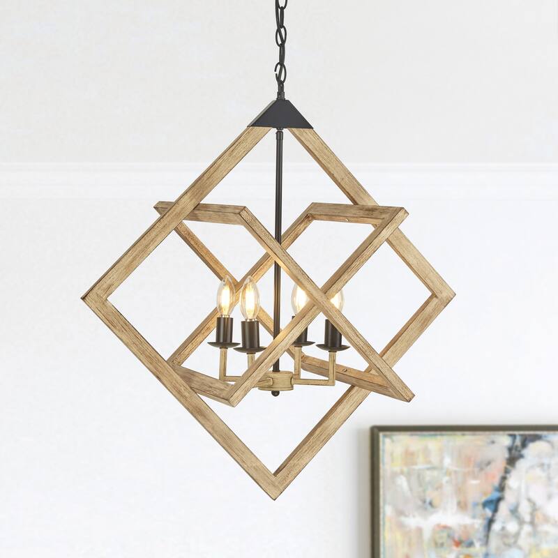 4 Light Caged Candle-Style Chandelier in Wood Painted Finish - 28.75"H x 27.6"W x 17.2"D