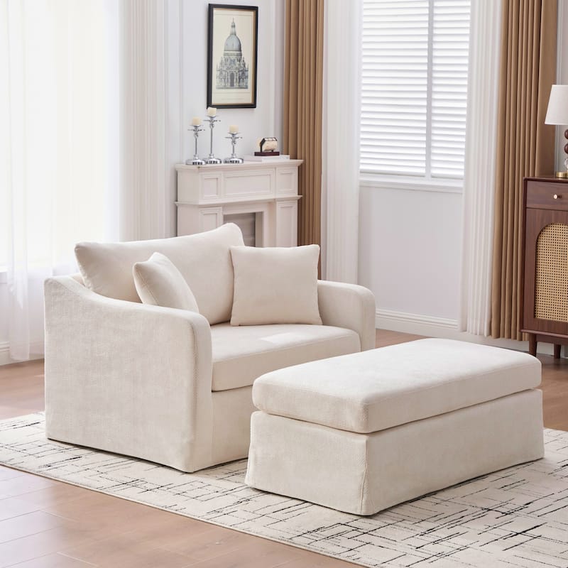 Set of Modern Chenille Accent Chair and Storage Ottoman