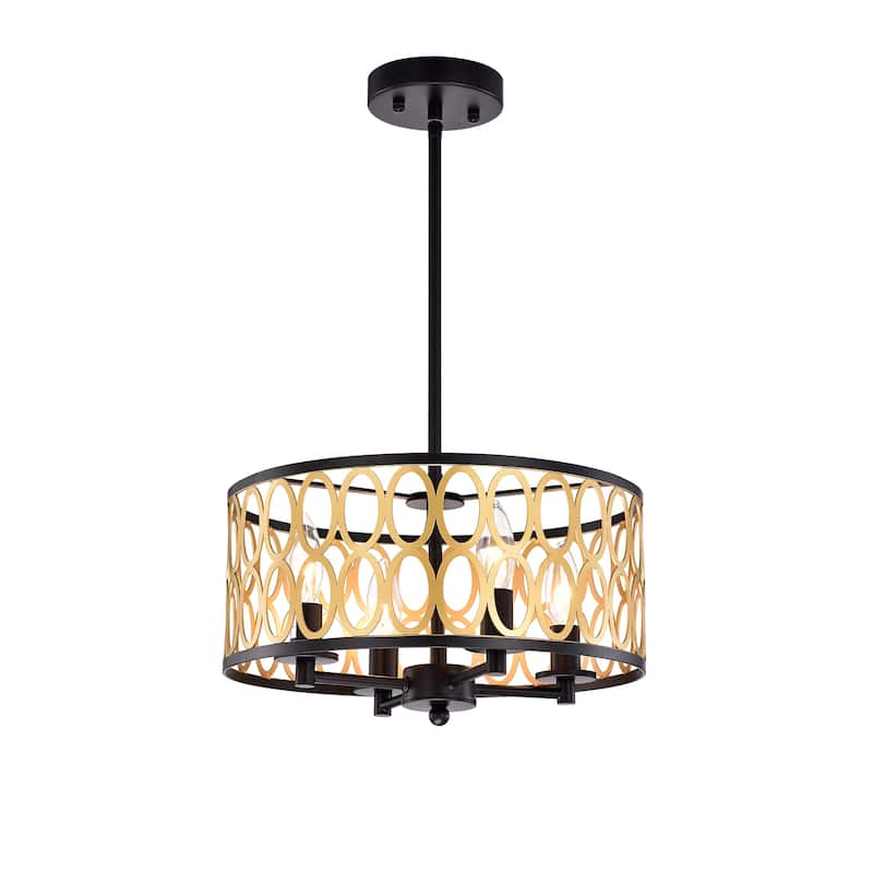Shivana Matte Black+Gold Geometric Iron Frame 4-Light Drum Chandelier