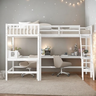 Wood Twin Size L-Shaped Loft Bed with Ladder and 2 Built-in L-Shaped Desks