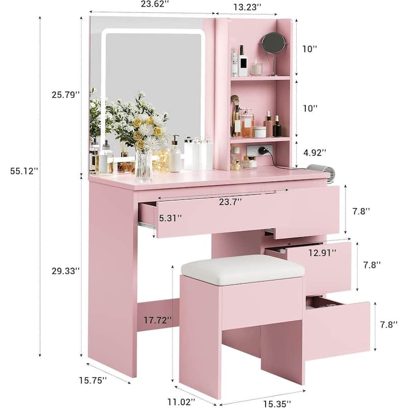 4 Drawers Vanity Desk with Power Outlet, Stool, Mirror and LED Light