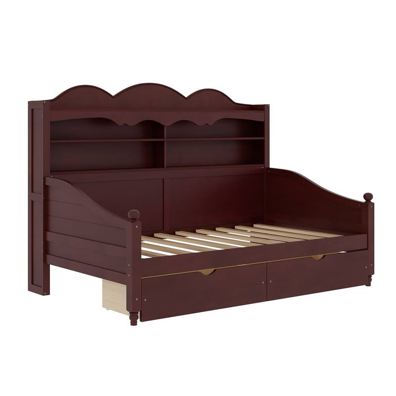 Twin Daybed with Storage Drawers and Headboard Shelving Wooden Frame