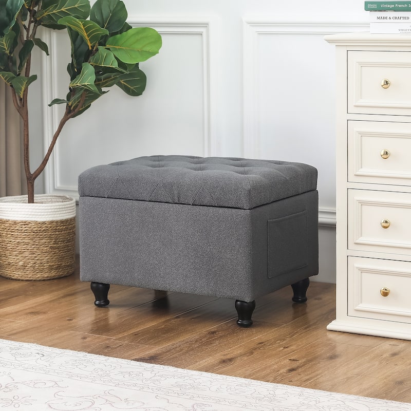 Adeco Linen Fabric Storage Ottoman for Living Room Bedroom - Grey