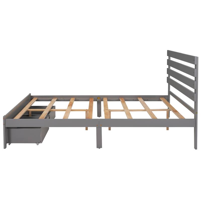 Gray Queen Platform Bed with Drawers Modern Design, Pine Wood & MDF