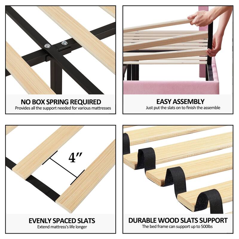 Upholstered Platform Bed Frame with Adjustable Headboard, Velvet Nailhead Trim, No Box Spring Needed