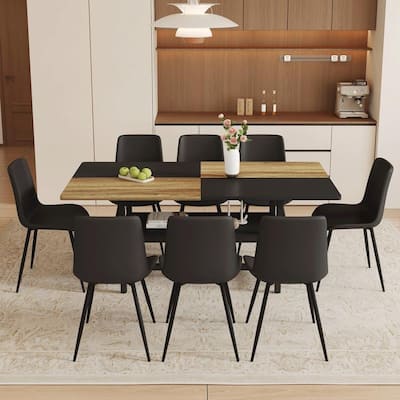 Modern 9-Piece Wood & Black Dining Table Set with Storage and 8 PU Leather Chairs