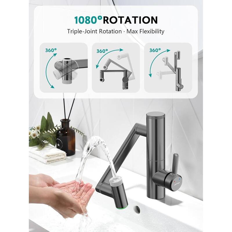 Lefton Rotatable Single Hole Bathroom Sink Faucet with Built-in Filter, Temperature Display in Fahrenheit, 2 Water Modes