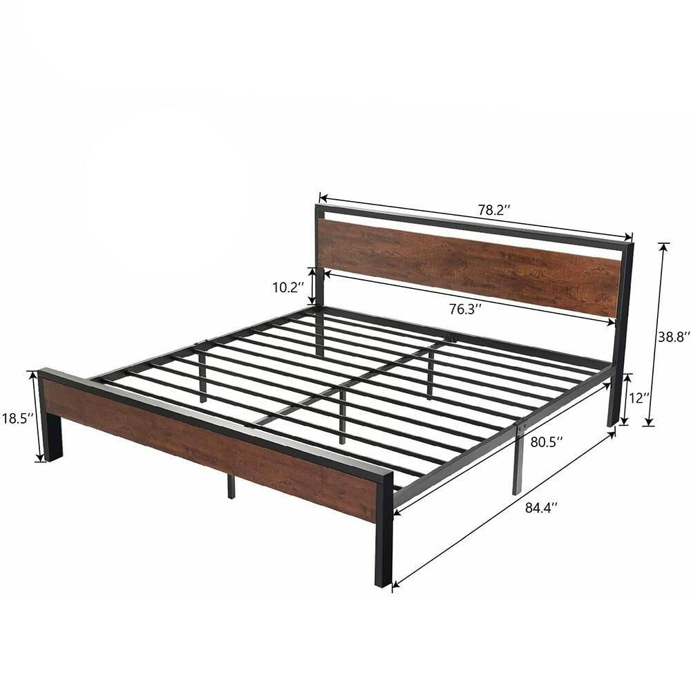 King Size Metal Bed Frame with Wooden Headboard & Footboard, Mahogany