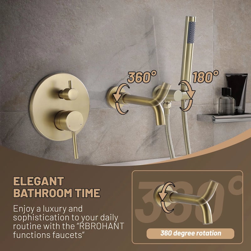Solid Brass 2 Handle Wall Mounted Roman Tub Faucet With Handheld Shower