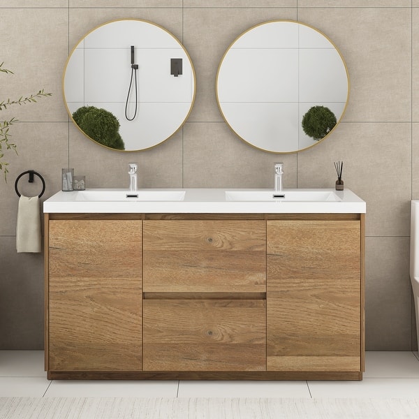 slide 2 of 87, Floating Bathroom Vanity with Integrated Resin Top Natural Oak - 59.06'' x 19.69'' x 33.46''