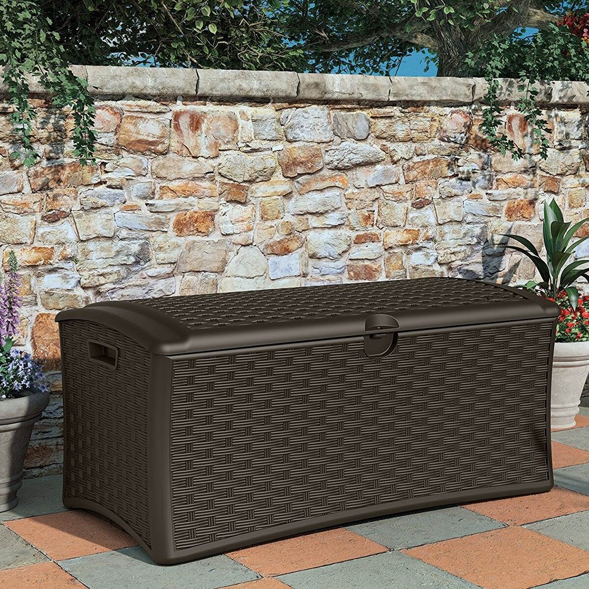 Suncast 73 Gallon Resin Deck Box With Wheels, Taupe/Brown