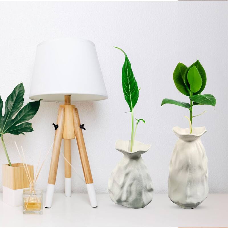 White Ceramic Vase Set of Two with Artistic Paper Bag Inspired Design
