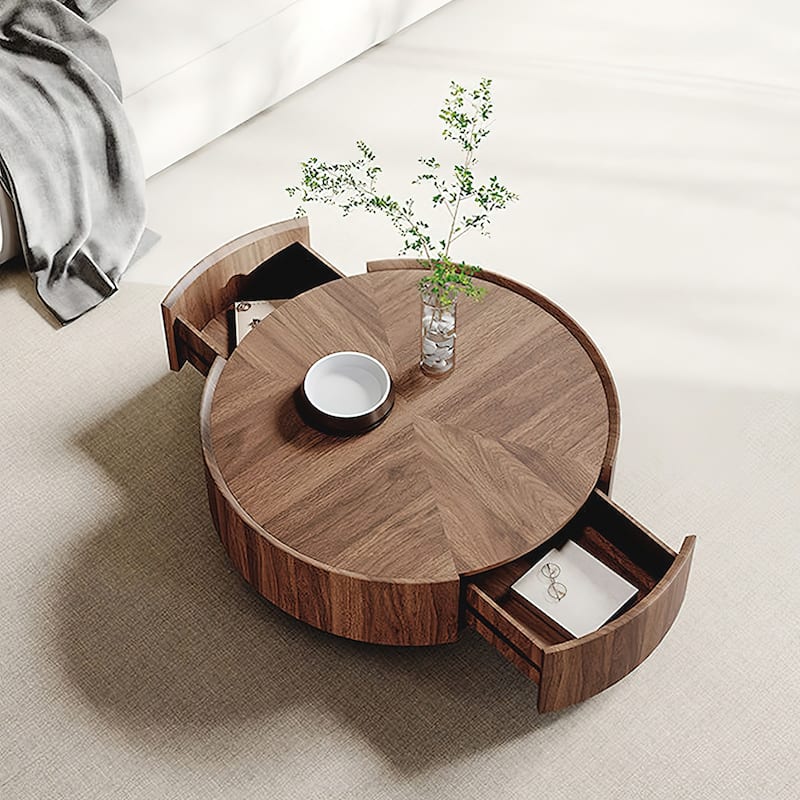 Industrial Walnut Round Coffee Table with Storage Drawers for Living Room and Home Office - 7'6" x 10'9"