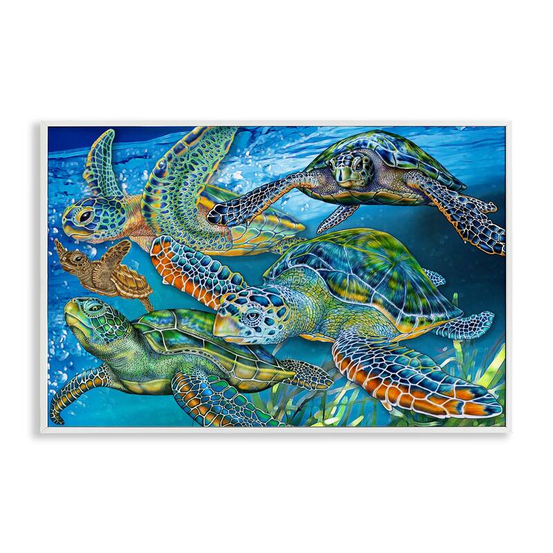 Stupell Tortoise Family Underwater Swim Framed Giclee Art Design By Tim Jeffs - 30 x 20 - White