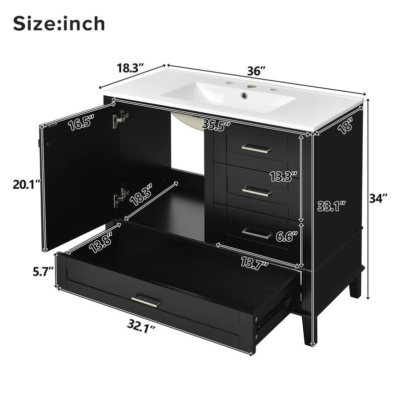 Elegant 36-Inch Bathroom Vanity with Undermount Ceramic Sink, Soft Close Storage Drawers, Silver Handles - Contemporary Look