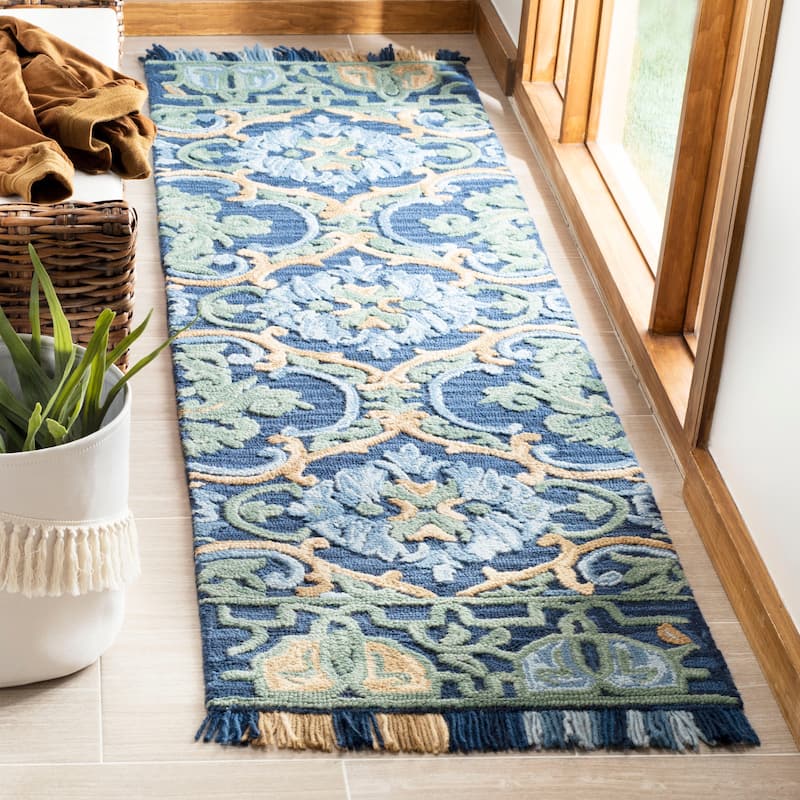 SAFAVIEH Handmade Blossom Parthenia Floral Wool Rug - 2'3" x 8' Runner - Navy/Green - Runner