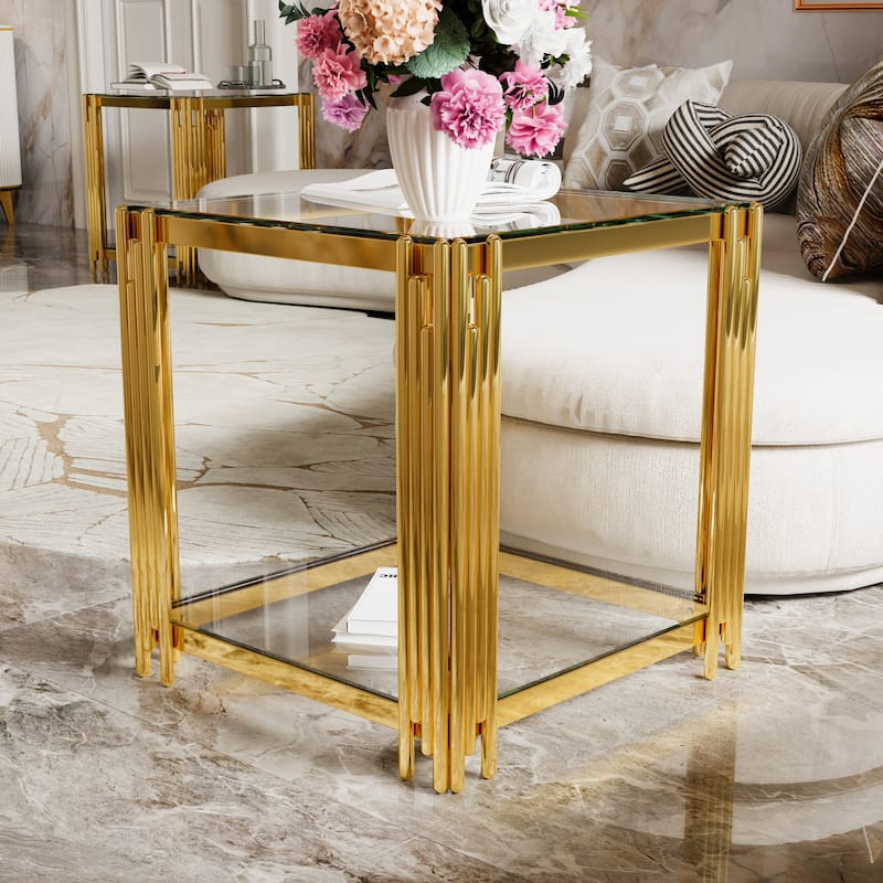 19.9" Modern Transparent Glass End Table for Living Room, Square,Asymmetrical Metal, Gold Finish & Lower Shelf