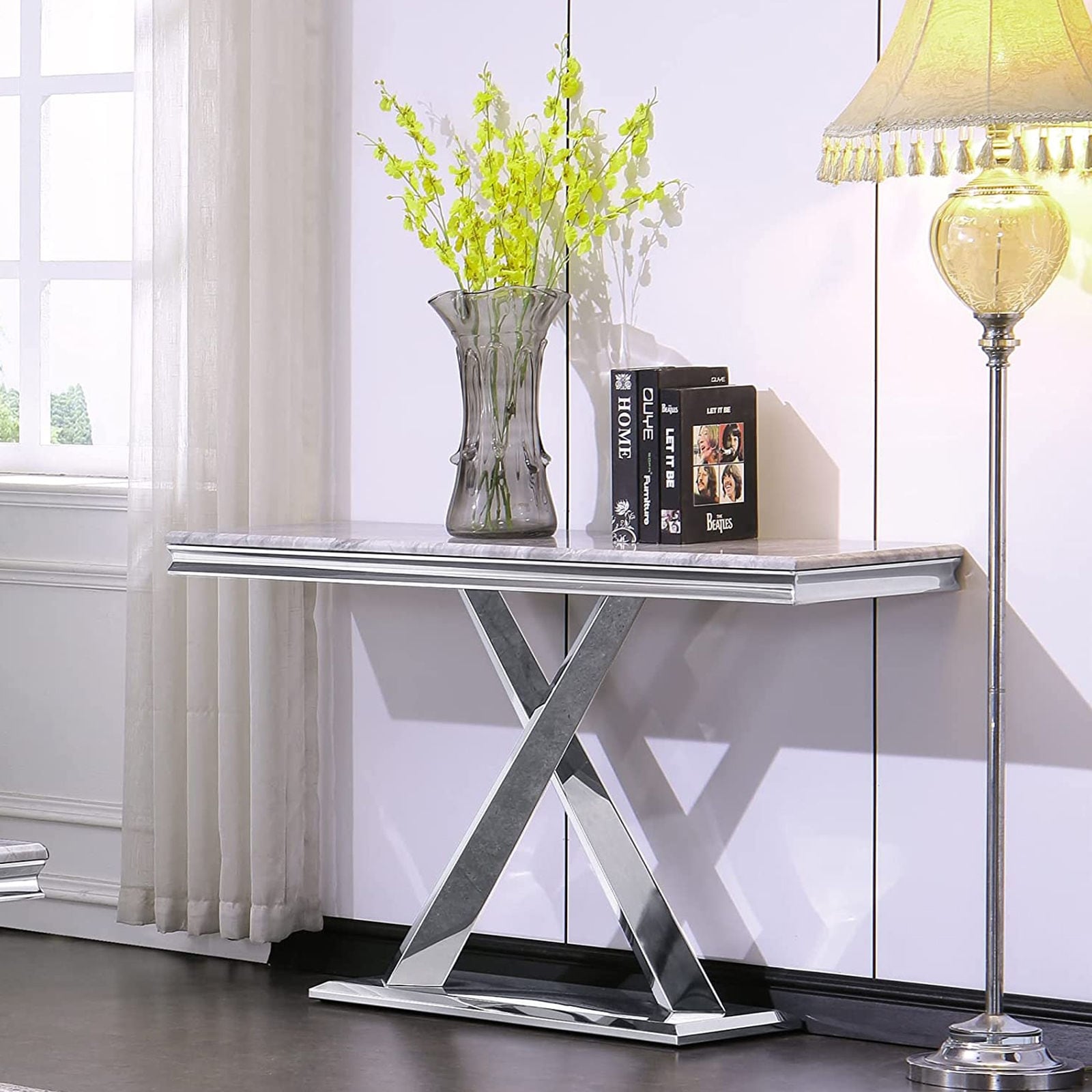 Luxury Console Tables With Mirrored Metal X-Shape Base for Entryway