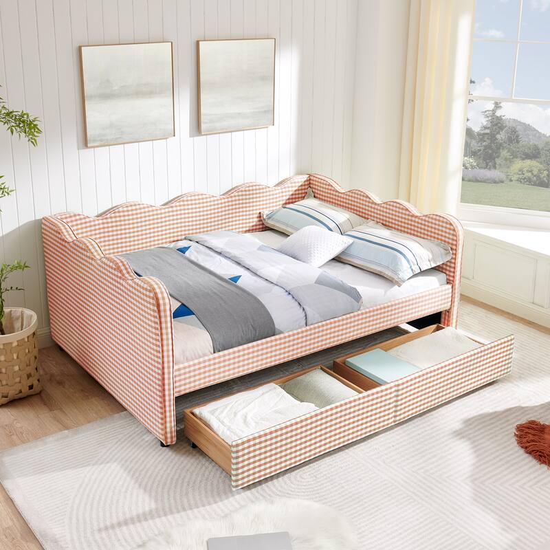 Full Size Upholstery Daybed with 2 Storage Drawers and USB Port, Linen Fabric Sofa Bed with Plaid Pattern and Wavy Silhouette
