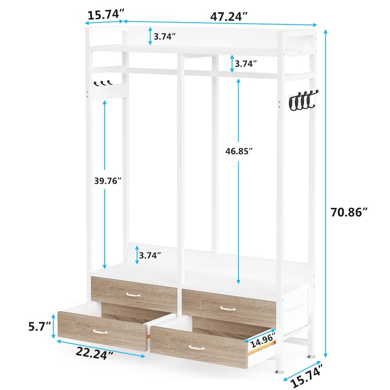 Freestanding Closet Organizer, Clothing Rack with 4 Drawers, 8 Hooks and Storage Shelves - Grey